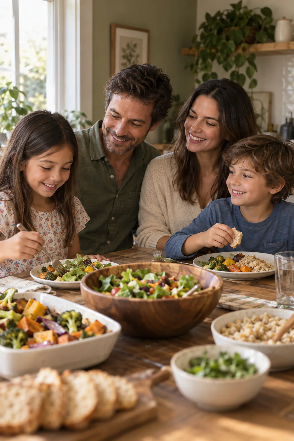 A family sharing a relaxed meal together at home