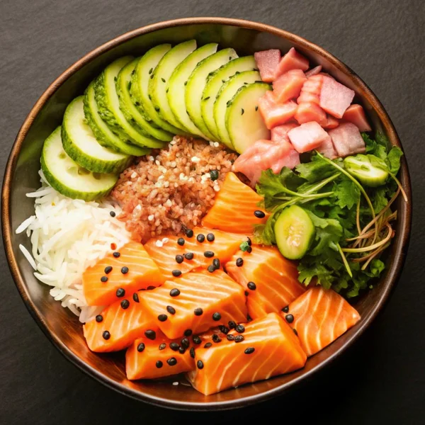 Salmon, rice, avocado, and vegetables in a bowl