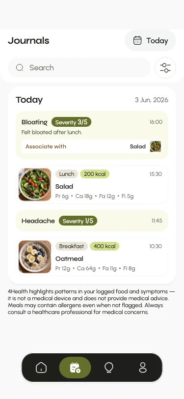 Journal connecting food entries and symptom severity